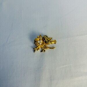 Gold Tone Pearl Accents Decorative Bird Nest Vintage Brooch Medium
